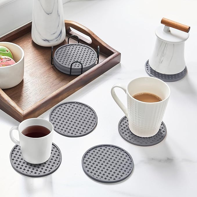 Coasters for Drinks, Silicone Coasters Set of 8 with Metal Holder, Outdoor Coaster for Coffee Table, Non-Slip Rubber Table Cup Mat Desk, Heat Resistant & Scratch-Proof (Grey)