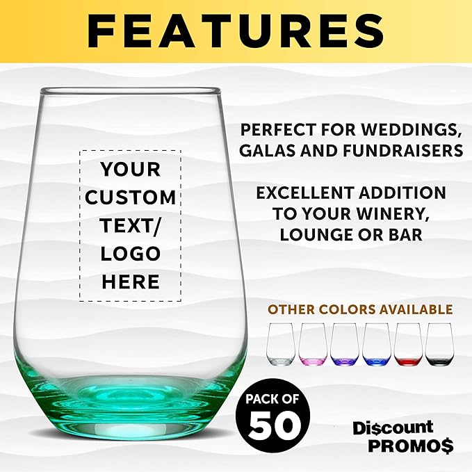 DISCOUNT PROMOS 50 Vaso Silicia Stemless Wine Glasses Set, 16 oz. - Personalized Text, Logo - Clear, Orb-Like, Thick base - Green