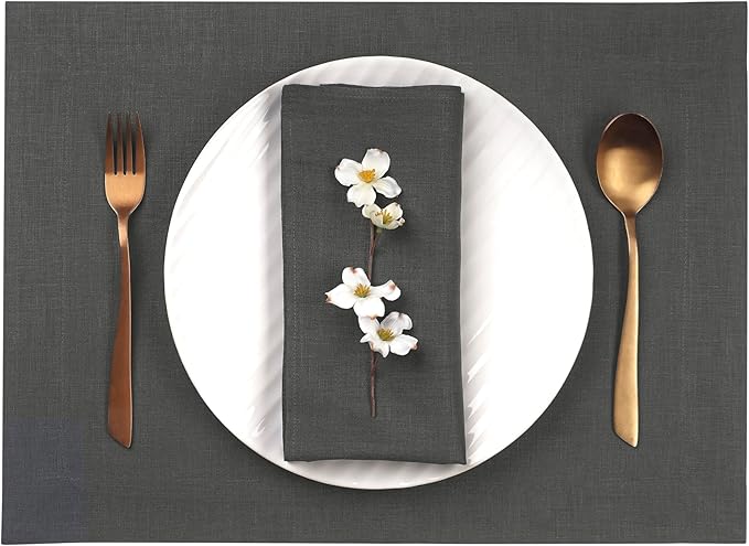 D'Moksha Homes Linen Charcoal Grey Placemats Set of 8-100% Pure Linen Placemats 14 x 19 Inch for Spring, Easter - Handcrafted and Machine Washable