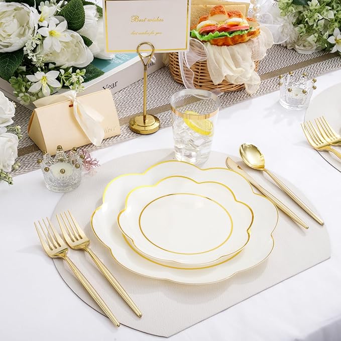 EI 180pcs Beige Plastic Plates with Gold Plastic Silverware,Heavy-Duty Disposable Plates for Party,White Dinnerware Set for 30 Guest Wedding,Afternoon Tea,Spring,Valentine's Day,Easter