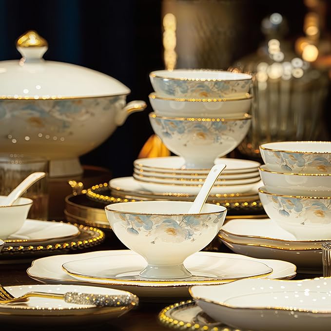 Fine Bone China Dinnerware Set,Porcelain&Ceramic Dinnerware Sets,Bone Stoneware & Ceramic Cookware Tableware Set Includes Dinner Plates|Spoons|Pasta Bowls|Soup Pot|Chopsticks (56 PCS)