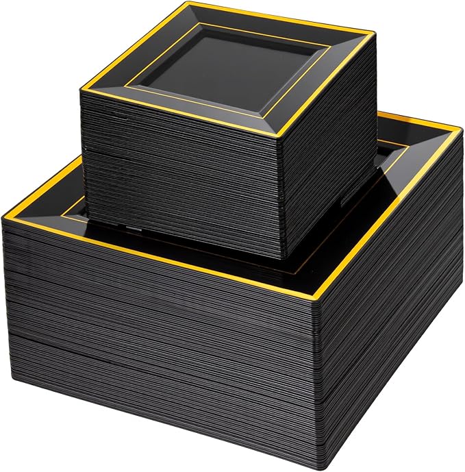 Liacere 100PCS Black and Gold Square Plastic Plates-50PCS Dinner Plate and 50PCS Dessert Plate-Durable Fancy Disposable Plates for Party & New Year & Martin Luther King Jr. Day