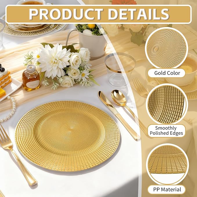100 Pcs Gold Charger Plates Bulk, 13" Reusable Reef Serving Gold Chargers for Dinner Plates , Round Plastic Shiny Decorative Charger Plate for Wedding, Catering, Parties, Restaurant, Home Dinner Use