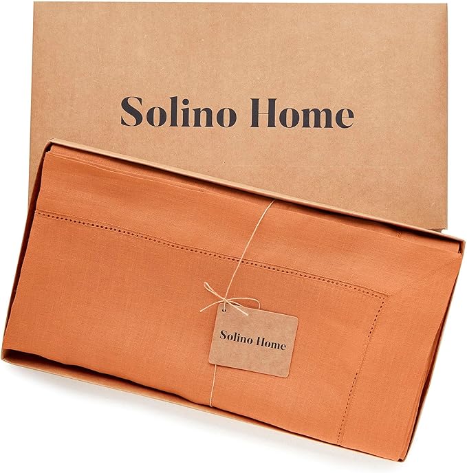 Solino Home Linen Tablecloth 60 x 90 Inch - Classic Hemstitch 100% Pure Linen Pumpkin Table Cloth for Rectangle Tables - Machine Washable Tablecloth