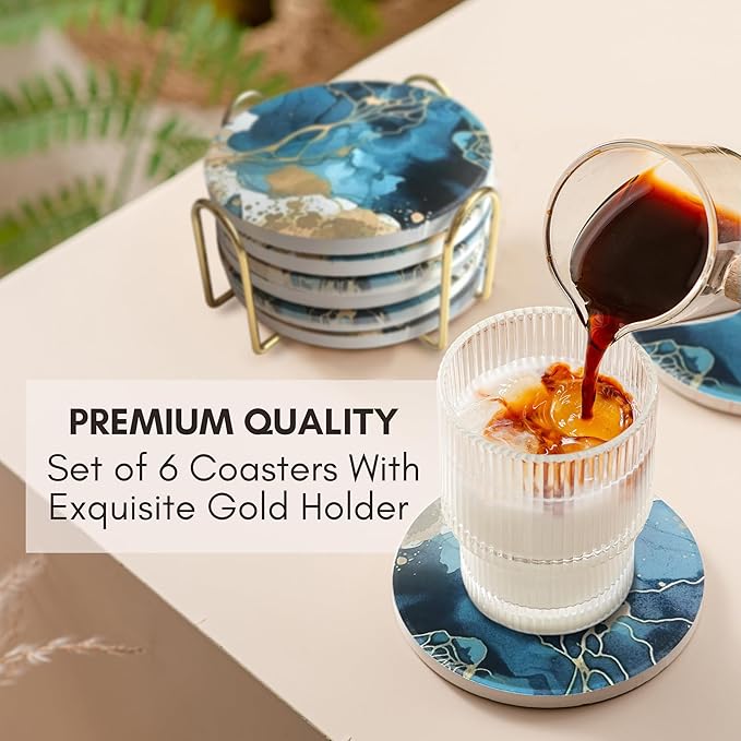 Ceramic Absorbent Coasters Set of 6 with Holder, Marble Drink Coasters for Coffee Table, Water Absorbing Coaster (Teal)