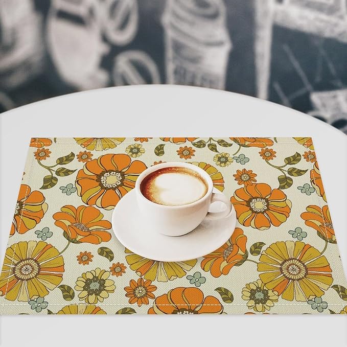 Vintage Boho Plant Floral Placemats，60S 70S Groovy Table Mats for Kitchen Decor Dinner Indoor Retro Hippie Floral Decoration Table Mats Placemat 18"x12" 6 PCS