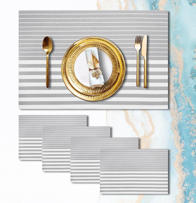 Placemats Set of 4 Vinyl Washable Grey Placemats, 18"x12" Wipeable Heat-Resistant Non-Slip Easy Clean Table Mats Ideal for Dining Table Table Runner and Outdoor (4, Grey Stripe)