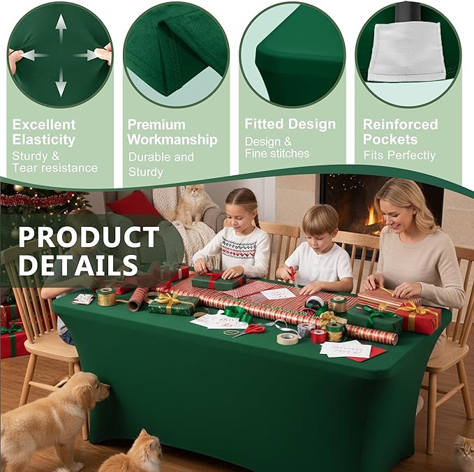 Table Cover for 6 Foot Rectangle Tables-8 Pack Hunter Green Fitted Stretch Tablecloth-Spandex 6ft Christmas Tablecloth for Party, Vendor Booth Display, Banquet Buffet Event, Craft Trade Show