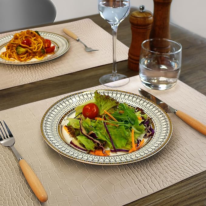 Jovono Faux Leather Placemats Set of 8, Waterproof & Heat Resistant Dinner Place Mats for Dining Table, Non-Slip Crocodile Embossed, Beige (17.8x11.8 Inch)