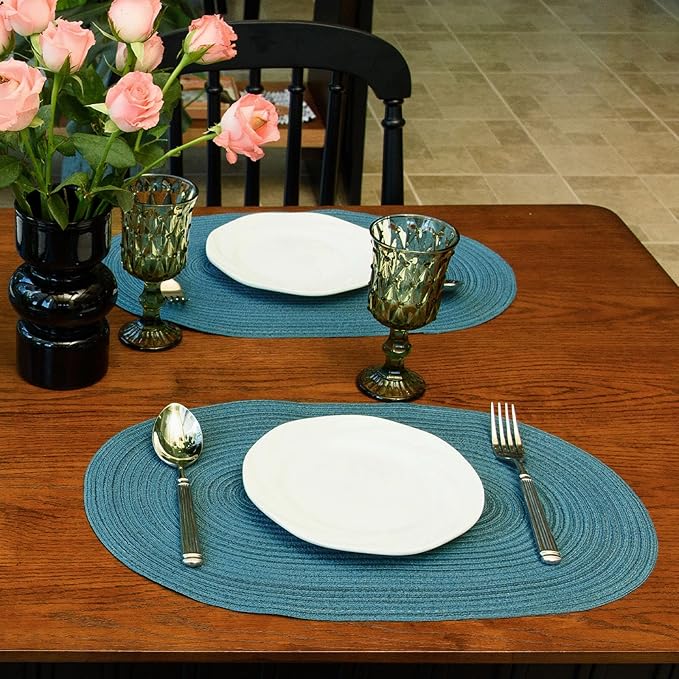 Noctiflorous Oval Braided Placemats Set of 8 Woven 12x18 Inch Non Slip Washable Heat Resistant Place Mats Tablemats for Dining Kitchen Party Daily Table Decor Dinner Mats (Teal Blue, 8)