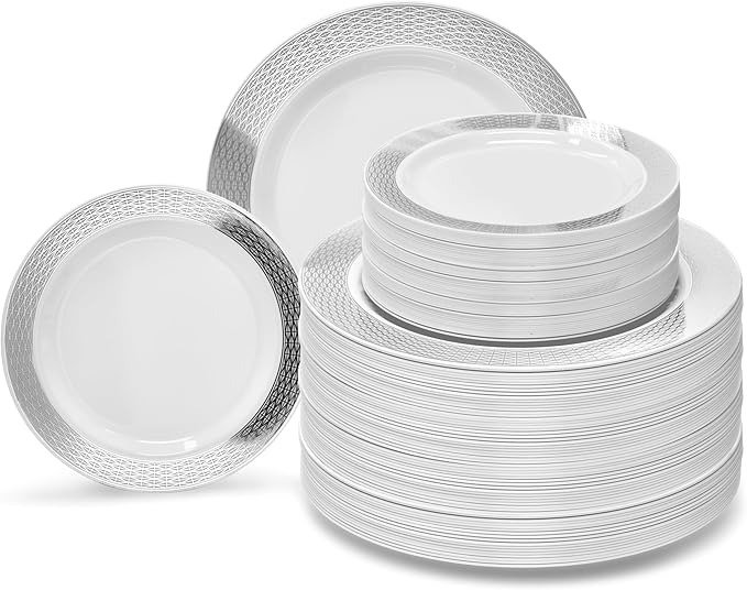 OCCASIONS 240 Plates Pack,(120 Guests) Heavyweight Premium Wedding Party Disposable Plastic Plates Set -120 x 10.5'' Dinner + 120 x 7.5'' Salad/Dessert (Diamond White & Silver)