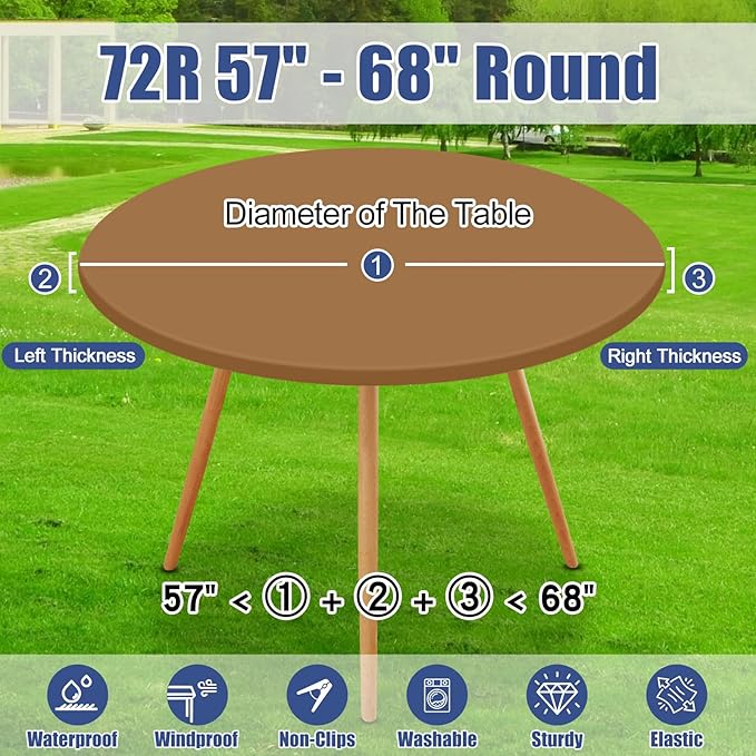 Round Spandex Tablecloth, Elastic Fitted Waterproof Tablecloths for 57"-68" Tables, Stretch Washable Picnic Table Cover for Camping, Dining, Indoor and Outdoor,Brown