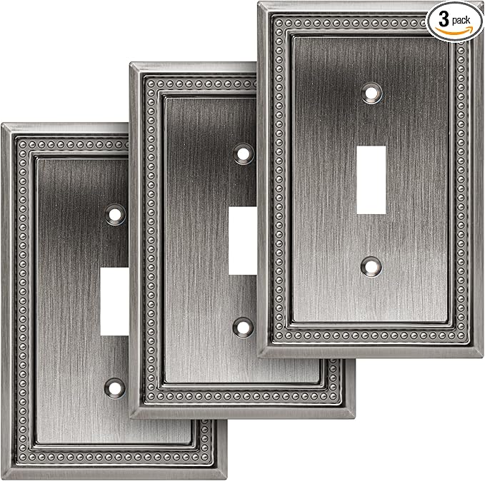 Henne Bery Sunken Pearls Heavy Duty Decorative Wall Plate Switch Plate Outlet Cover (Single Toggle, 3 Pack, Heirloom Silver)
