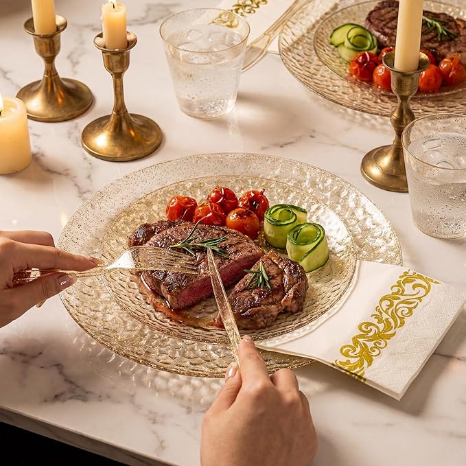 Rubtlamp 350 Pcs Gold Glitter Plastic Plates, Hammered Disposable Plates Set (50 Guests), Glitter Dinnerware Set Include 100 Plastic Plates, 150 Glitter Silverware, 50 Cups And 50 Napkins