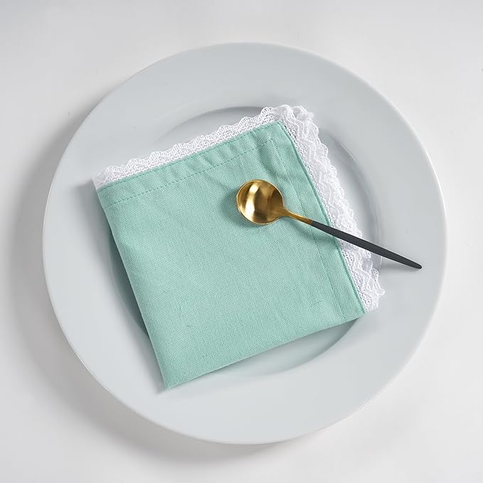 Fingercraft Dinner Cloth Napkin Cotton Linen Blend 12 Pack Mitered Corners with Elegant Lace for Everyday Use Napkins are Pre Shrunk and Good Absorbency (Aqua, 12in x 12in)