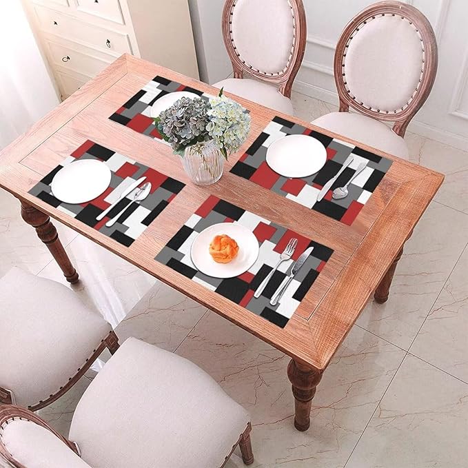 Red Black Grey White Placemats Set of 4 Abstract Modern Art Geometric Wipeable Table Mats Reusable Washable PVC Rectangle Place Mats for Kitchen Dining Home Decor 12x18 Inches