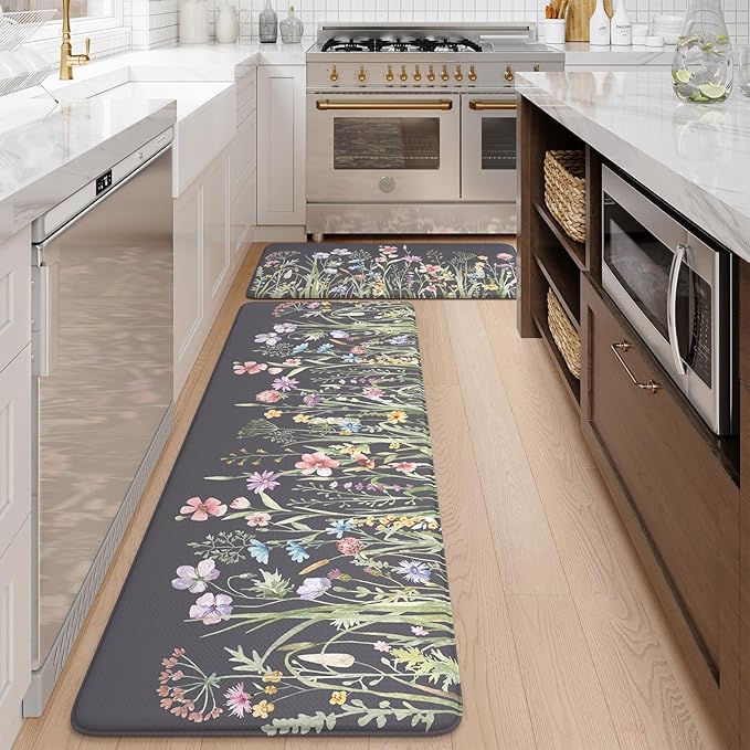 KIMODE Anti Fatigue Kitchen Mats for Floor, 20"x47"+20"x32" Farmhouse Kitchen Rugs Sets of 2, Padded Kitchen Floor Mats, Comfort Standing Mats for Sink, Laundry, Office, Desk Dark Grey/Purple