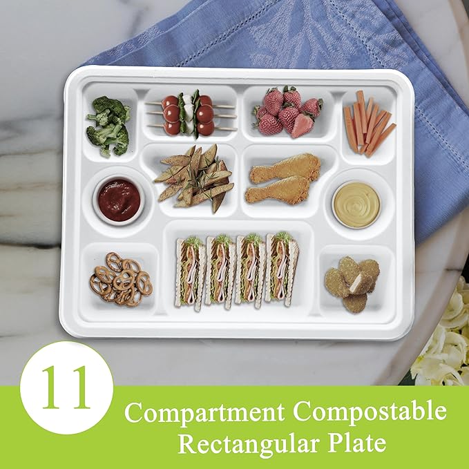 three leaf 11 Compartment Bagasse Rectangular Plate, 50 Ct. PFAS-Free, Heavy Duty, Sugarcane Fiber, Eco Friendly Disposable, 100% Biodegradable, Microwave and Freezer Safe, Ideal for Lunch, Buffet