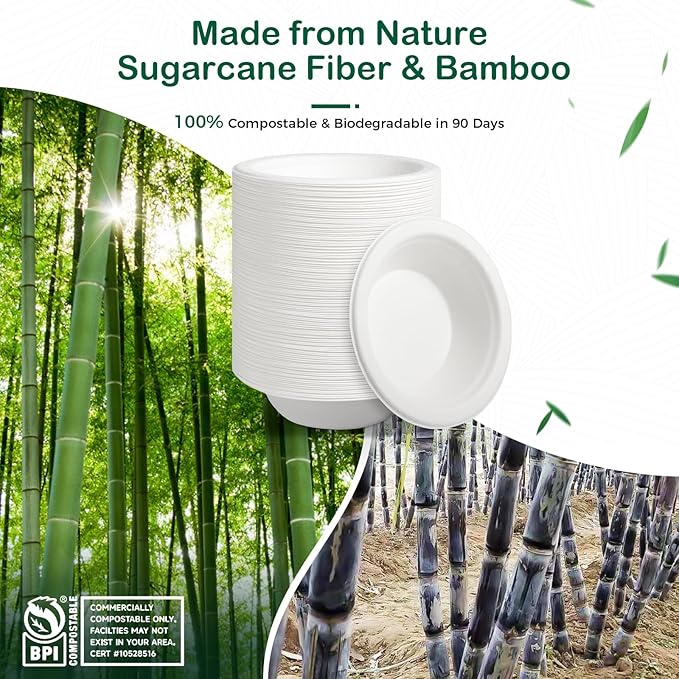 𝟭𝟮 𝗼𝘇, 𝟭𝟮𝟴-𝗣𝗮𝗰𝗸 Compostable Paper Bowls, Heavy-Duty Biodegradable Disposable Bowls Made from Bagasse, Eco-Friendly, Microwave & Freezer Safe (White)