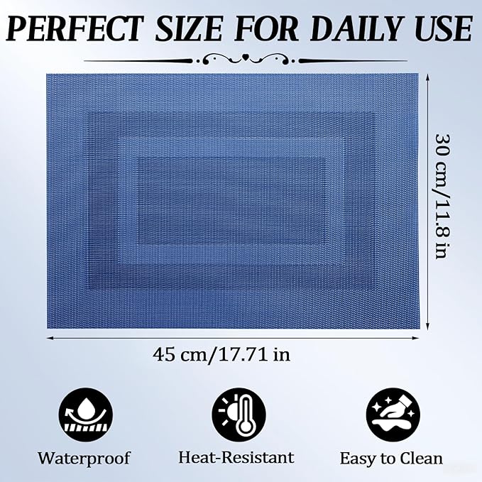 Timeet Blue Placemats Set of 8, Heat Resistant Non-Slip Place Mats, Durable Washable PVC Vinyl Woven Table Mats, Wipeable Placemats for Dining Table Easy to Clean