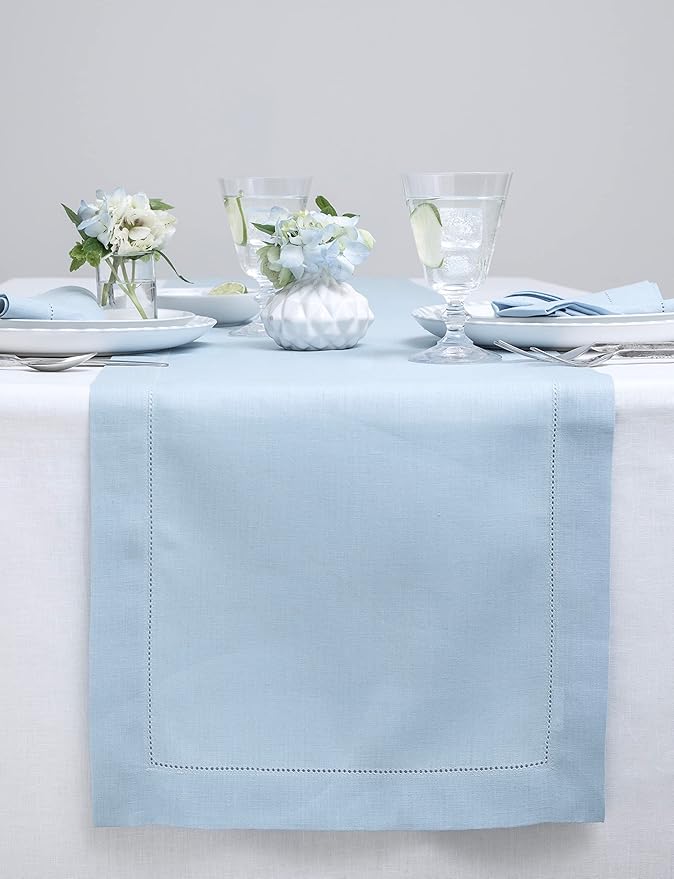 Solino Home Linen Sky Blue Table Runner 60 Inches - Classic Hemstitch, 100% Pure Linen Coffee Table Runner 14 x 60 Inch Ideal for Dresser Tables - Spring, Easter