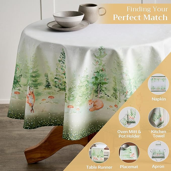 Maison d' Hermine Table Cloth Round Table 100% Cotton 69 Inches Fall Tablecloth Reusable Everyday Use for Thanksgiving Christmas Decorations Dining Farmhouse Party (Winter Mornings)
