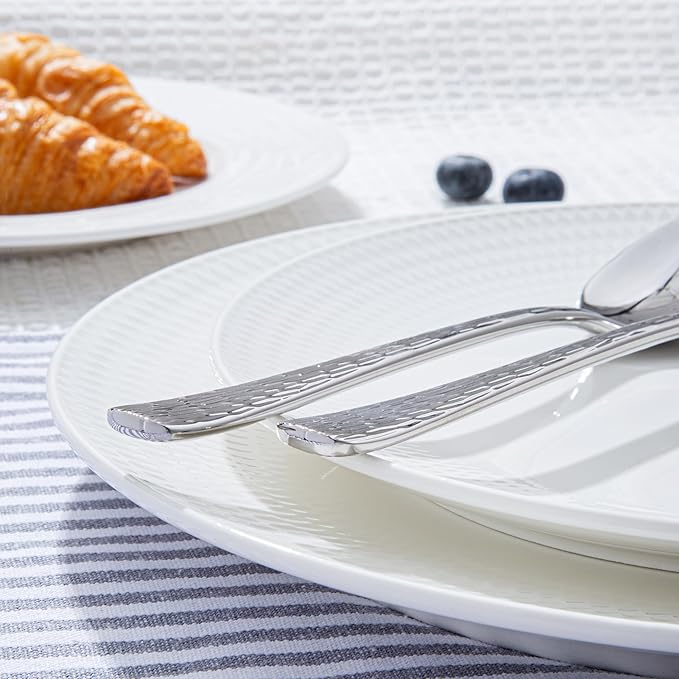 KINGSTONE Hammered Silverware Set, 30-Piece Flatware Set, 18/10 Stainless Steel Premium Cutlery with Unique Ripple Handles Design Mirror Polished - Dishwasher Safe