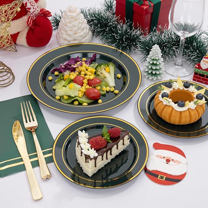 NOCCUR 200PCS Green Plastic Plates for 100 Guests - Include 100PCS 10" Dinner/ 100PCS 7" Dessert Disposable Plates Heavy Duty - Ideal for Party/Wedding
