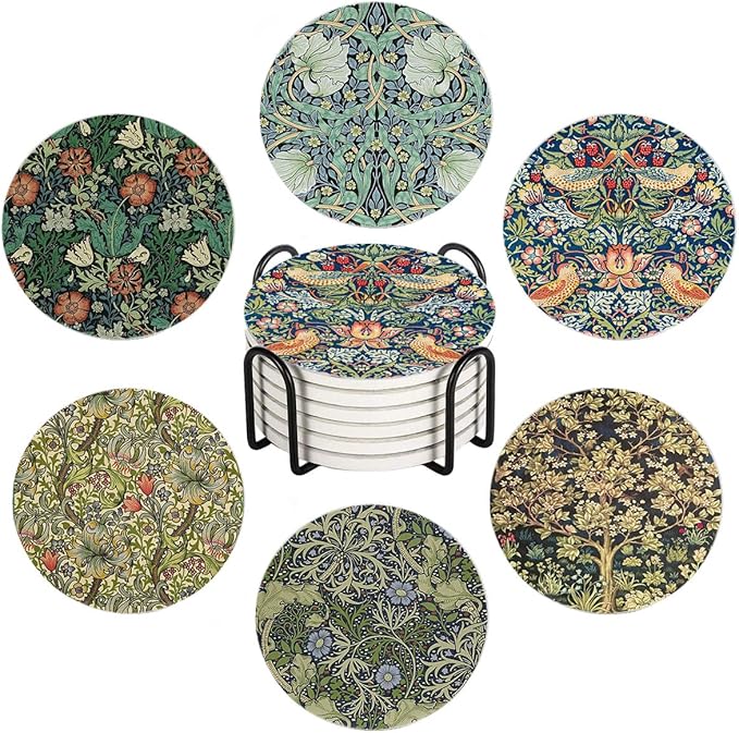 Drink Coasters for Drinks Set of 6, Vintage Art Nouveau Floral Pattern Absorbent Round Ceramic Stone Mat Coaster, with Cork Base and Metal Holder, Home Bar Decor House Warming Gift