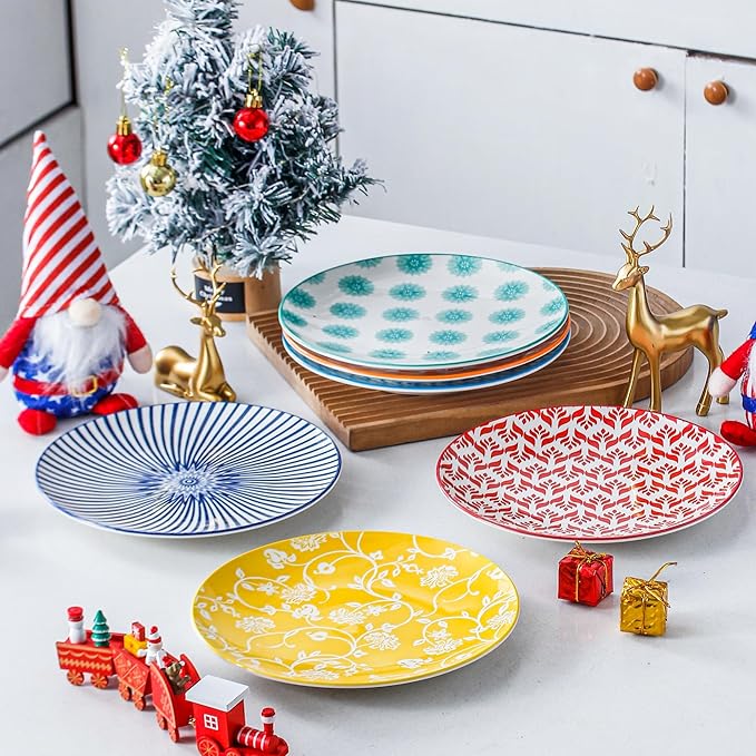 Ceramic Salad Plates Set - 8.5 Inch Round Porcelain Dinner Dishes for Dessert Pasta Appetizer Sandwich - Scratch Resistant, Microwave Dishwasher Safe - Set of 6 - Assorted Colors