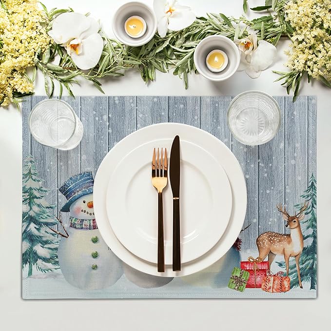 Winter Snowman Placemats Set of 4 - Xmas Tree Reindeer Snow Place Mats 12x18 Grey Wood Table Mats Kitchen Mats for Party Dining Table