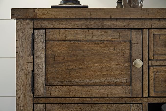 Signature Design by Ashley Moriville Vintage Casual Dining Room Buffet or Server with 4 Cabinets & Center Display Shelf, 2 Drawers, Wood, 56" Wide, Brown