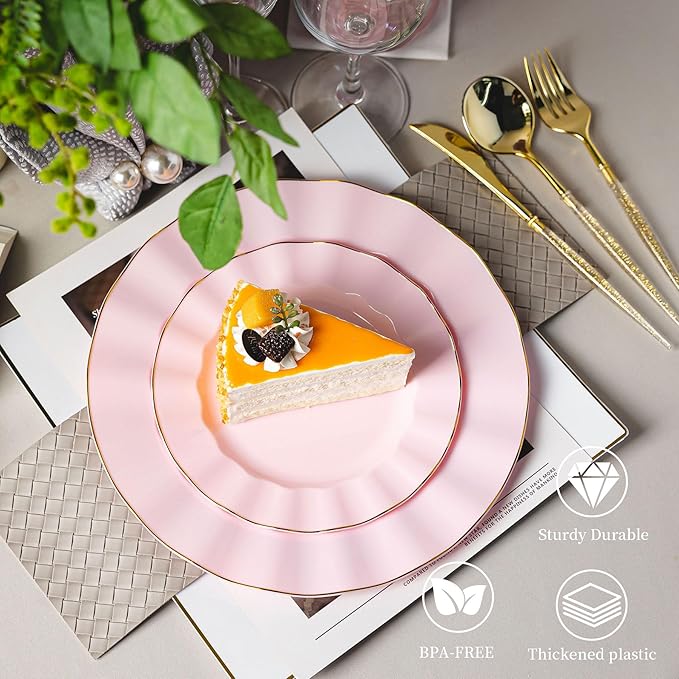 120PCS Pink Plastic Plates, Heavy Duty Disposable Party Plates with Gold Rim, Fancy 60 Dinner & 60 Dessert Plates for Parties and Wedding