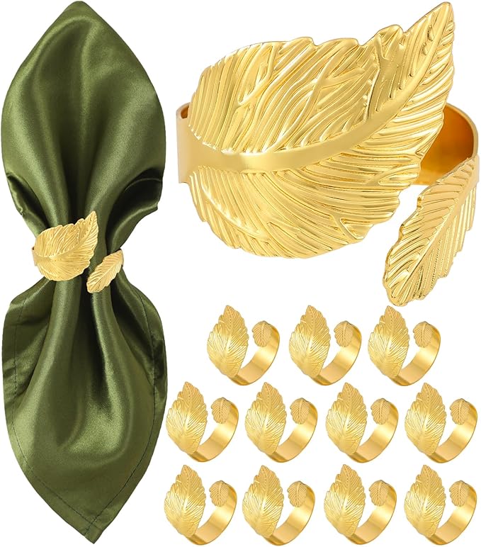 Large Napkin Rings, Shiny Gold Napkin Rings Set of 12, Study Metal Leaf Shaped Table Decor, Stylish Fall Napkin Ring Bulk for Christmas, Easter, Wedding, Party, Elegant Table Settings Gift