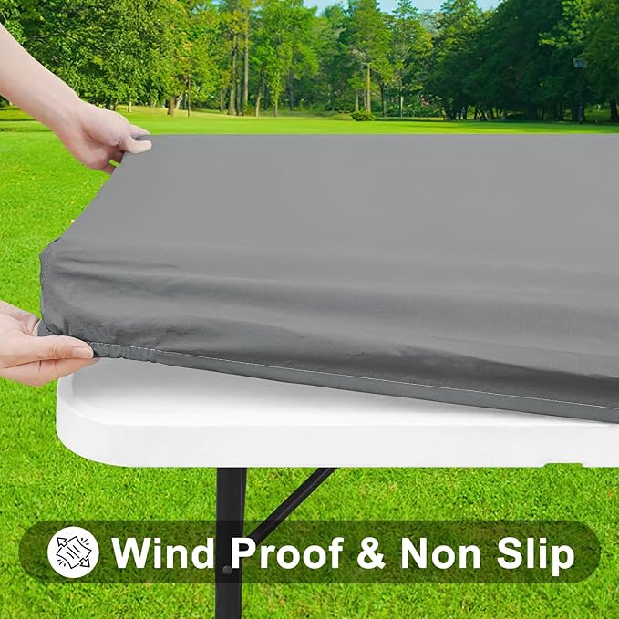 Smiry Rectangle Tablecloth, Elastic Fitted Flannel Backed Vinyl Tablecloths for 8ft Folding Tables, Waterproof Wipeable Table Covers for Indoor, Outdoor, Picnic and Camping (Grey, 36"x96")