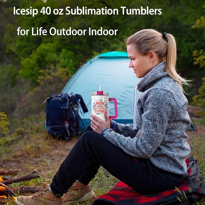 40 oz Sublimation Tumblers 40 Pack with 5 Color Handle Lid and Straw Stainless Steel Double Wall Vacuum Insulated Travel Mug Cup Bulk Blank for DIY Gift