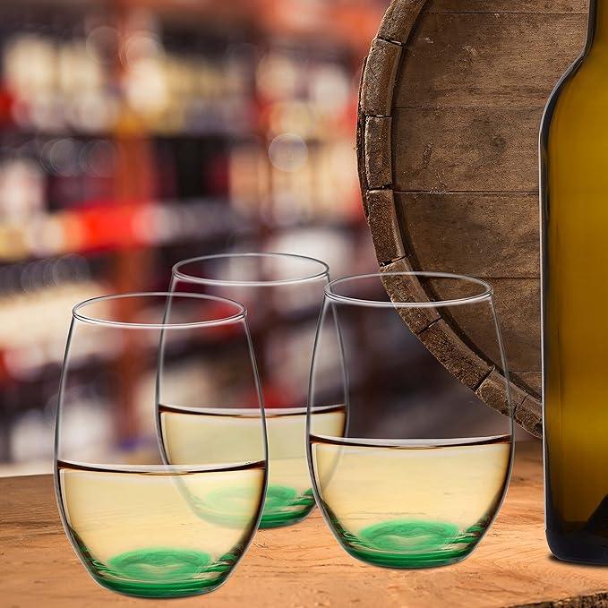 DISCOUNT PROMOS 10 ARC Stemless Wine Glasses Set, 21 oz. - Chardonnay, Cabernet, Merlot, Sauvignon - Green