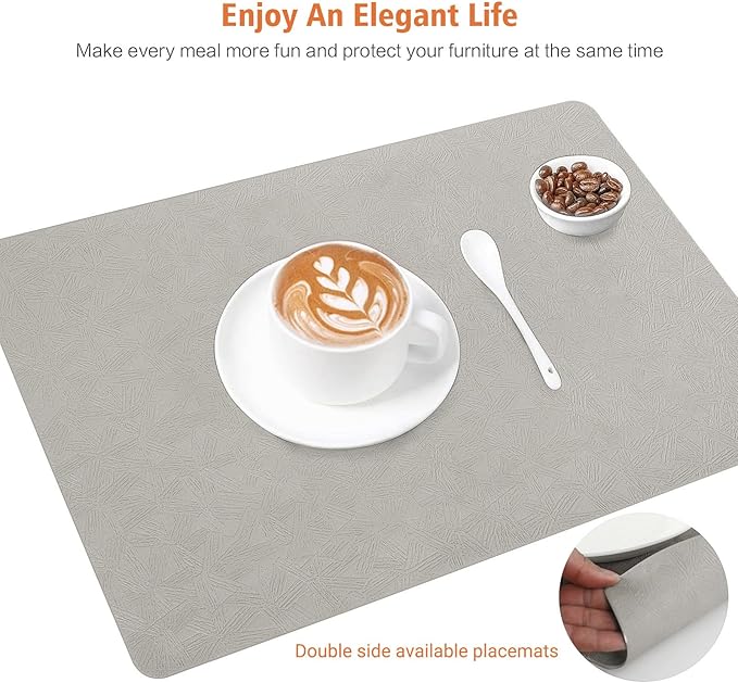 Vinyl Placemats Set of 8 Heat Resistant Easy Clean Non-Slip Place Mats for Dining Table Faux Leather Waterproof Stain Resistant Wipeable Washable PVC Table Mats(8, Light Gray)