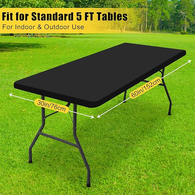 Smiry Rectangle Tablecloth, Elastic Fitted Flannel Backed Vinyl Tablecloths for 5ft Folding Tables, Waterproof Wipeable Table Covers for Indoor, Outdoor, Picnic and Camping (Black, 30"x60")