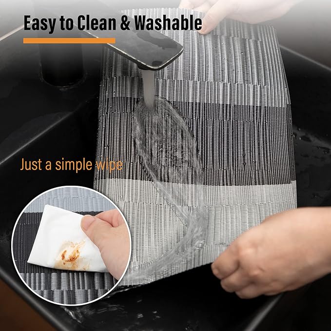 Winknowl Placemats Set of 6, Heat Resistant Non-Slip Vinyl Woven Table Mats for Dining Table, Washable Durable Elegant Place Mats for Kitchen Indoor/Outdoor Use (Black)