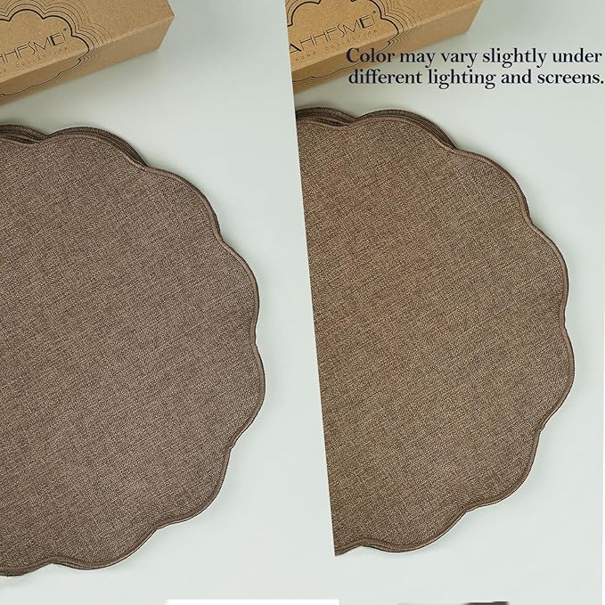 AHHFSMEI Round Faux Linen Placemats Set of 6 Waterproof Table Mats Heat Resistant Non-Slip and Stain Proof for Kitchen Dining Elegant Decor (Brown,6)