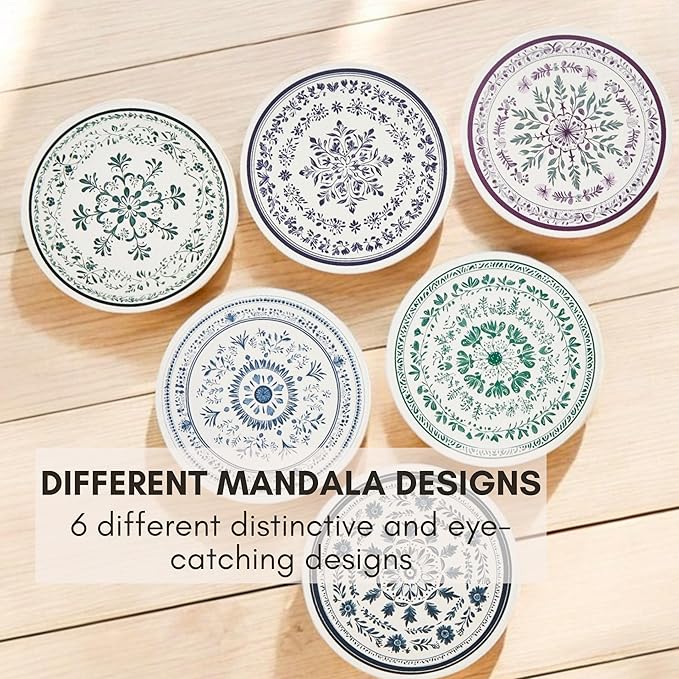 Ceramic Absorbent Mandala Coasters Set of 6 with Holder, Marble Drink Coasters for Coffee Table, Water-Absorbing Stone Coasters (Zen)