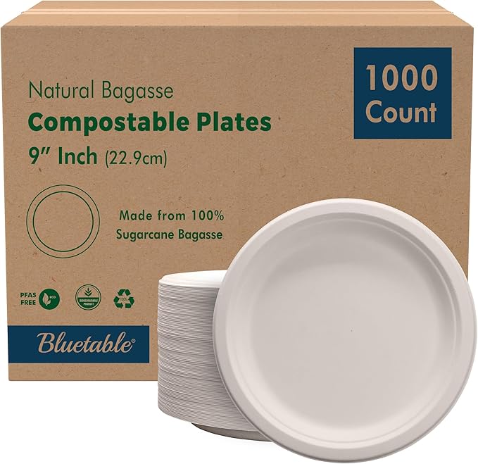 Compostable Paper Plates 9 Inch Bulk Plates [1000 Case Pack] - Biodegradable Made from 100% Sugarcane - Heavy Duty Disposable - Eco Friendly - Bagasse Dinner Natural Recycled Plate [1000 Case]