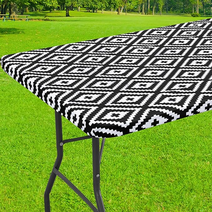 Smiry Rectangle Table Cloth Cover, Waterproof Elastic Fitted Picnic Tablecloth for 4 Foot Tables, Wipeable Flannel Backed Vinyl Tablecloths for Camping, Dining, Outdoor (Black, 24" x 48")