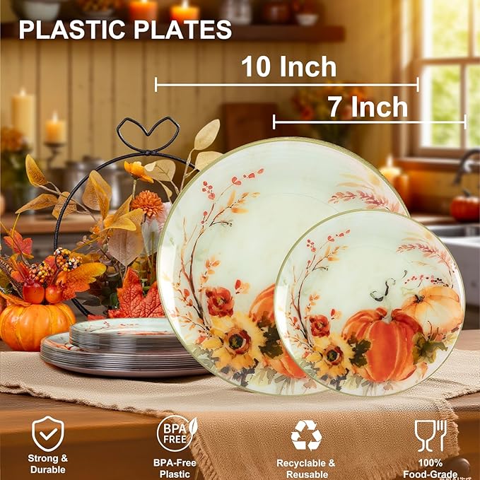 DaYammi 20 Thanksgiving Plastic Plates - Disposable Heavy duty Fancy Pumpkin Patterns, Orange plastic plates 10.25-inch Dinner and 7.5-inch Dessert Plastic Plates for Thanksgiving & holiday