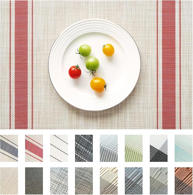 Placemats Set of 6 Vinyl/Plastic Woven Place Mats for Kitchen Table Indoor/Outdoor Washable Placemat Wipeable Dining Table Mats (Khaki Red,6)