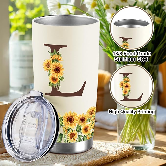 Sunflower Gifts for Women - Personalized Christmas Gifts for Women - Birthday Gift for Woman - Mothers Day Gift for Mom - Monogrammed, Initial 20oz Travel Cup Insulated Tumbler with Lid, L