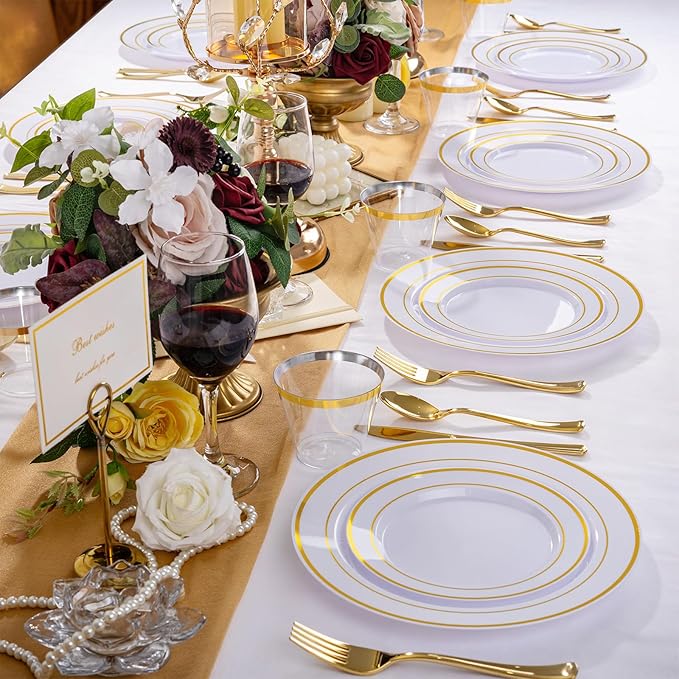 150 PCS Gold Disposable Dinnerware Set for 25 Guests, Gold and White Plastic Plates for Party, 25 Dinner & Salad Plates, 25 Cups, 25 Forks Knives Spoons for Wedding and Party Supplies