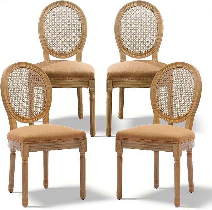 SoarFlash French Dining Chairs Set of 4, Vantage Dining Chair with Round Back, Wood Leg Farmhouse Country Rattan Dining Chair for Kitchen,Bedroom,Brown