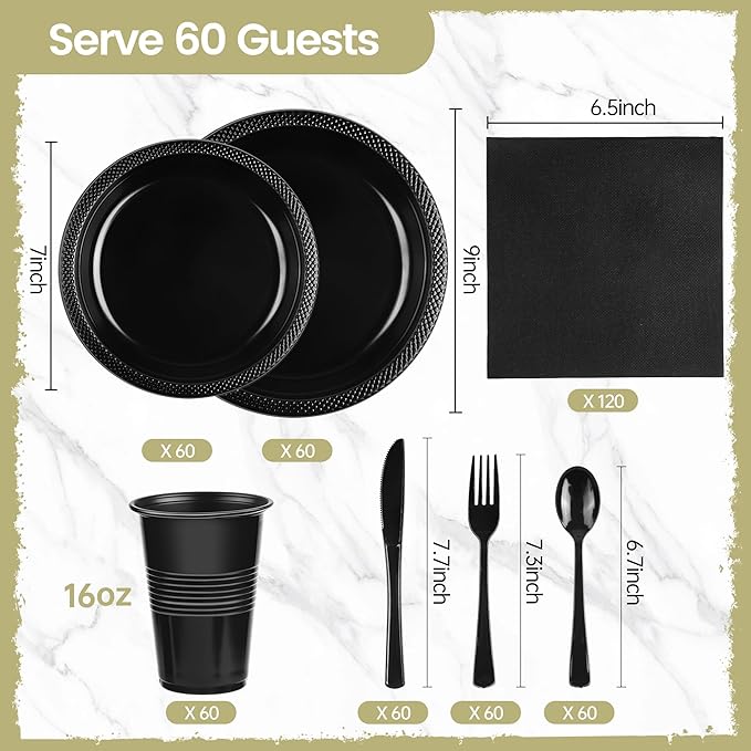 Kochorie 480 Pieces Black Plastic Dinnerware Set for 60 Guests Disposable Heavy Duty Plates Napkins Cups and Silverware Dessert Dinner Plates for Halloween Birthday Wedding Party Supplies